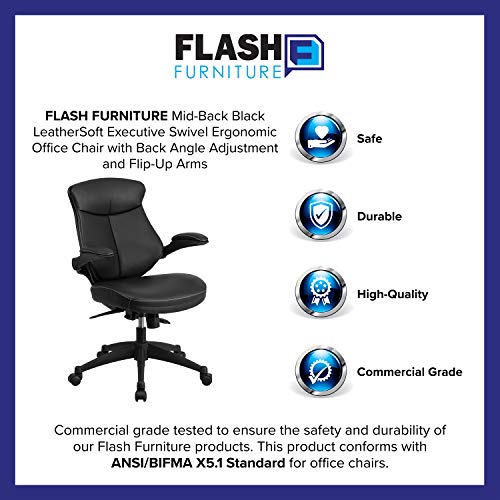 Flash Furniture Kale Mid-Back Black LeatherSoft Executive Swivel Ergonomic Office Chair with Back Angle Adjustment and Flip-Up Arms