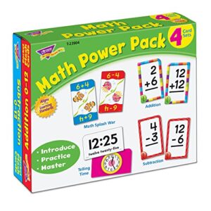 trend enterprises: math power pack, 4 flash card set includes math splash war, addition 0-12, subtraction 0-12, telling time flash cards, self-checking design, for ages 3 and up