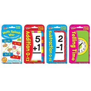 Trend Enterprises: Math Power Pack, 4 Flash Card Set Includes Math Splash War, Addition 0-12, Subtraction 0-12, Telling Time Flash Cards, Self-Checking Design, for Ages 3 and Up