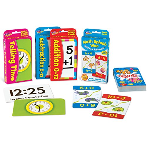 Trend Enterprises: Math Power Pack, 4 Flash Card Set Includes Math Splash War, Addition 0-12, Subtraction 0-12, Telling Time Flash Cards, Self-Checking Design, for Ages 3 and Up