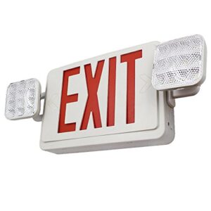 led exit sign with emergency lights, led combo emergency light, ul listed, double face, 2 adjustable heads, ac 120v/ 277v, hardwired red emergency exit lights with battery backup