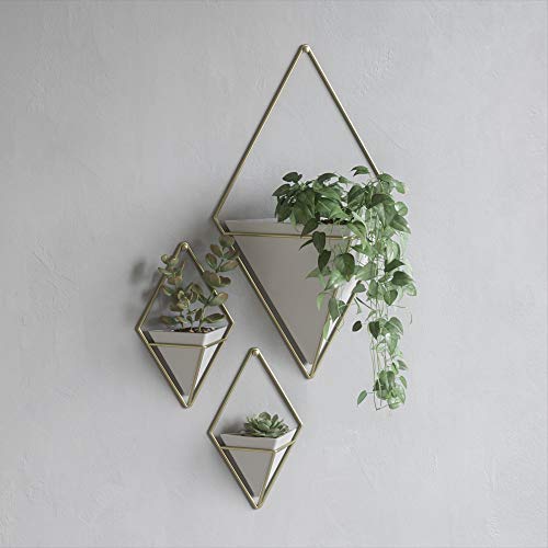 Umbra Trigg Hanging Planter Vase & Geometric Wall Decor Container - Great For Succulent Plants, Air Plant, Mini Cactus, Faux Plants and More, White Ceramic/Brass (Set of 2), Small