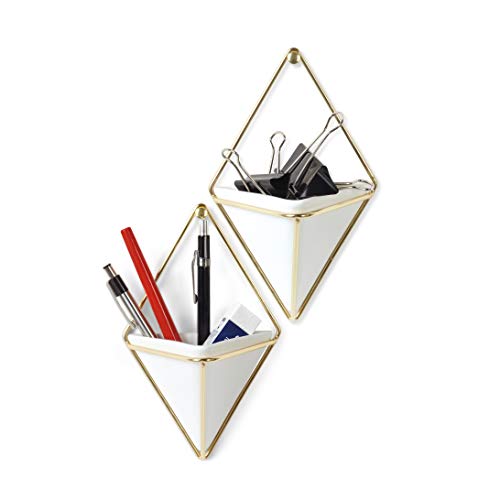 Umbra Trigg Hanging Planter Vase & Geometric Wall Decor Container - Great For Succulent Plants, Air Plant, Mini Cactus, Faux Plants and More, White Ceramic/Brass (Set of 2), Small