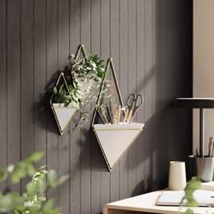 Umbra Trigg Hanging Planter Vase & Geometric Wall Decor Container - Great For Succulent Plants, Air Plant, Mini Cactus, Faux Plants and More, White Ceramic/Brass (Set of 2), Small