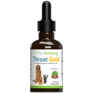 pet wellbeing throat gold for dogs - vet-formulated - soothes throat discomfort, hoarseness, leash strain, occasional cough in dogs - natural herbal supplement 2 oz (59 ml)