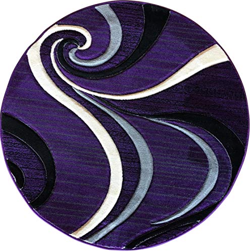 Contempo Modern Round Area Rug Swirl Purple Grey & Black Design 344 (7 feet 3 inches X7 feet 3 inches Round)