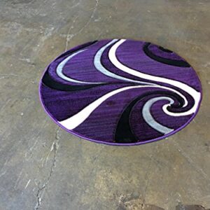 Contempo Modern Round Area Rug Swirl Purple Grey & Black Design 344 (7 feet 3 inches X7 feet 3 inches Round)