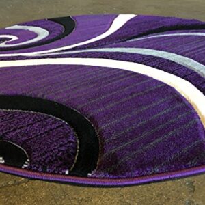 Contempo Modern Round Area Rug Swirl Purple Grey & Black Design 344 (7 feet 3 inches X7 feet 3 inches Round)