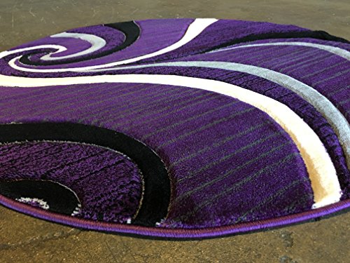 Contempo Modern Round Area Rug Swirl Purple Grey & Black Design 344 (7 feet 3 inches X7 feet 3 inches Round)