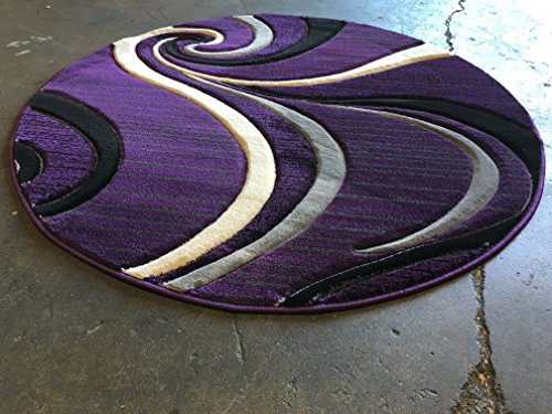 Contempo Modern Round Area Rug Swirl Purple Grey & Black Design 344 (7 feet 3 inches X7 feet 3 inches Round)