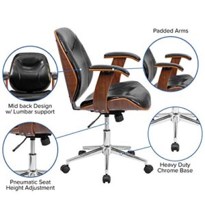 Flash Furniture Tansia Mid-Back Black LeatherSoft Executive Ergonomic Wood Swivel Office Chair with Arms