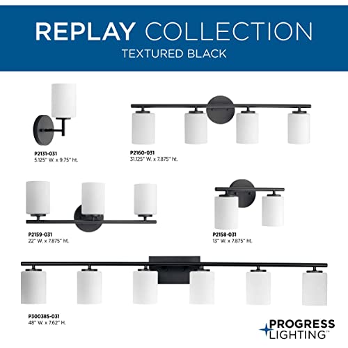 Progress Lighting Replay Collection 1-Light Etched White Glass Glass Modern Bath Vanity Light Textured Black