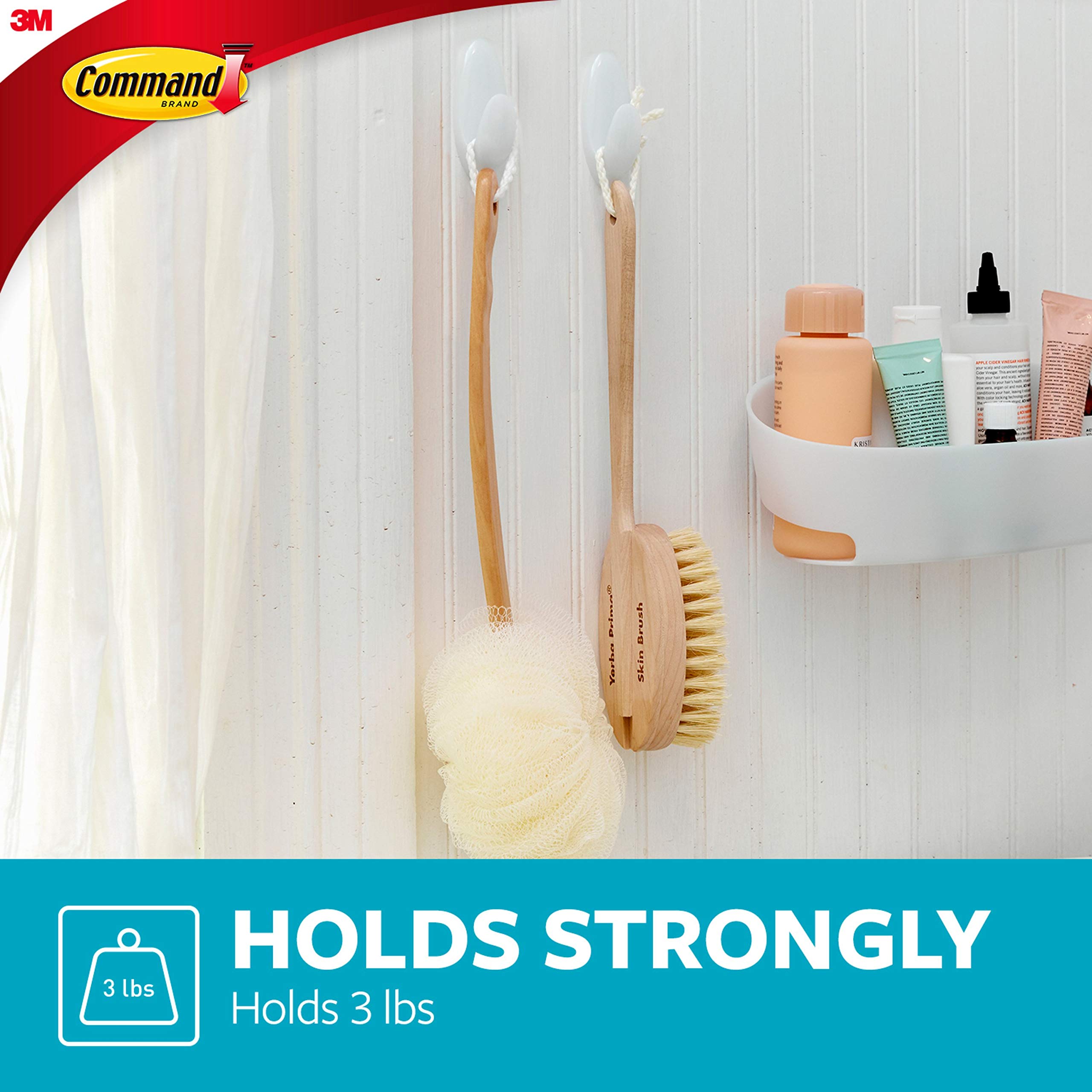 Command Bath Medium Hooks, 3 lb Capacity, 2-Hooks, 2-Strips, Organize Damage-Free