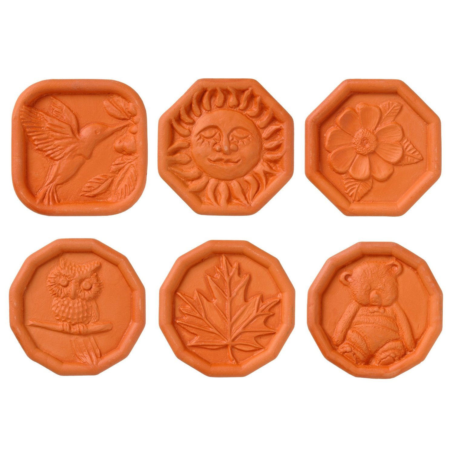 JBK Pottery Brown Sugar Savers - Set of 6 - Hummingbird, Maple Leaf, Sun, Owl, Bear, and Daisy Designs