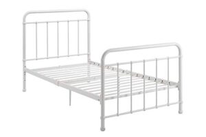 dhp beaumont iron metal platform bed with transitional design headboard and footboard, adustable base height for underbed storage, no box spring needed, queen, white