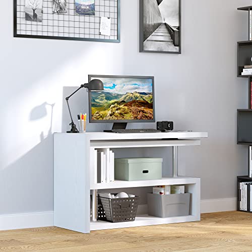 HOMCOM 360 Degree Rotating Corner Computer Desk, L Shaped Desk, Home Office Workstation with 3-Tier Storage Shelves, White