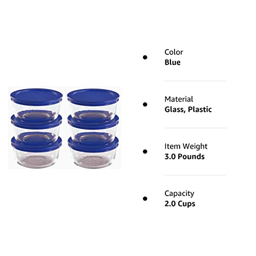 Pyrex Storage 2 Cup Round Dish, Clear with Blue Lid, 12-Piece