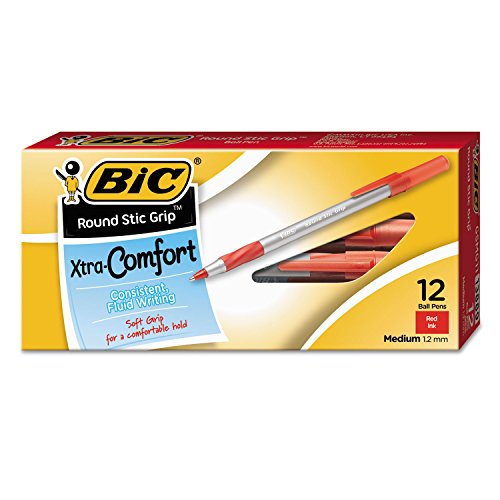 BIC America GSMG11RD Round Stic Grip Xtra Comfort Ballpoint Pen, Red Ink, Medium, Dozen (Pack of 12 pens)