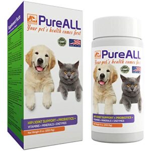 all-in-one dog & cat probiotics, hip joint pain relief formula, vitamins, digestive enzymes, antioxidants, minerals, glucosamine, msm, chondroitin, 100 servings, 37+ years reputation - simien pureall