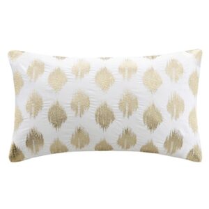 ink+ivy nadia dot mid century modern cotton oblong decorative pillow sofa cushion lumbar, back support, 12"x18", metallic embroidery gold/white