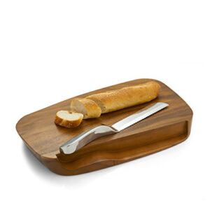 nambe Blend Bread Board with Knife | Made of Acacia Wood and Stainless Steel | Wooden Board with Serrated Knife for Cutting Fresh Bread | Designed by Neil Cohen