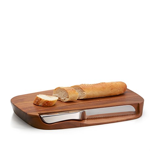 nambe Blend Bread Board with Knife | Made of Acacia Wood and Stainless Steel | Wooden Board with Serrated Knife for Cutting Fresh Bread | Designed by Neil Cohen