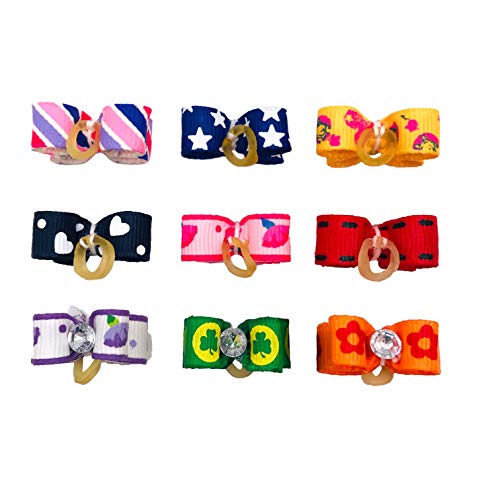 PET SHOW 0.98inch*0.39inch Tiny Small Dogs Hair Bows with Rubber Bands Ribbon Rhinestone Dog Puppy Grooming Topknot Hair Accessories Assorted Color Pack of 20
