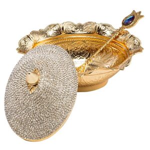 swarovski crystal coated handmade brass sugar chocolate candy bowl serving dish with lid & spoon (gold)