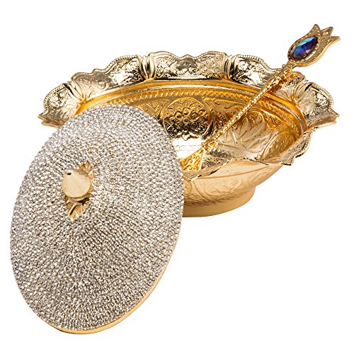 Swarovski Crystal Coated Handmade Brass Sugar Chocolate Candy Bowl Serving Dish with Lid & Spoon (Gold)