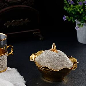 Swarovski Crystal Coated Handmade Brass Sugar Chocolate Candy Bowl Serving Dish with Lid & Spoon (Gold)