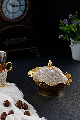 Swarovski Crystal Coated Handmade Brass Sugar Chocolate Candy Bowl Serving Dish with Lid & Spoon (Gold)