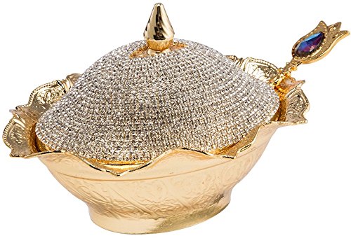 Swarovski Crystal Coated Handmade Brass Sugar Chocolate Candy Bowl Serving Dish with Lid & Spoon (Gold)