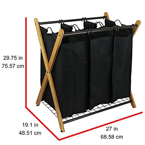 Oceanstar XBS1484 Bamboo 3-Bag Laundry Sorter Black, 29.75 in. H x 19.10 in. W x 27 in.