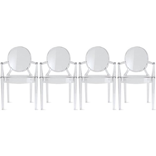 2xhome - Set of 4 Modern Designer Louis Ghost Armchairs with Polycarbonate Crystal Clear Transparent Plastic Dining Chairs