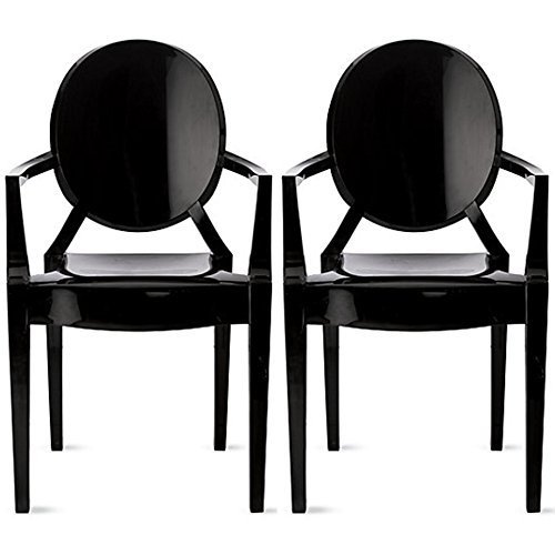 2xhome Set of 2 Black Modern Glam Ghost Chairs Chair with Arms Molded Acrylic Plastic Mirrored Furniture Dining Retro for Writing Desk Dining Living Bedroom Outdoor Vanity Accent