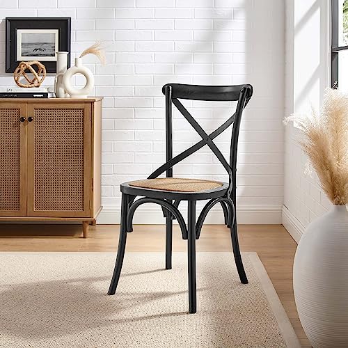 Modway Gear Rustic Modern Farmhouse Elm Wood Rattan Dining Chair in Black