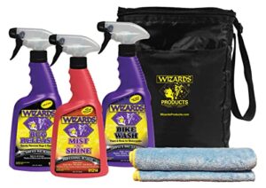 wizards motorcycle cleaning kit - cleaner, quick detailer, and bug remover with fiber cloth and detailing bag - stain remover for motorcycles - portable motorcycle accessories and cleaning kits