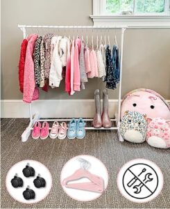 childrens garment rack- kids closet organizer- kids clothing rack with 10 hangers & opt. wheels (includes 10 pink childrens velvet hangers)