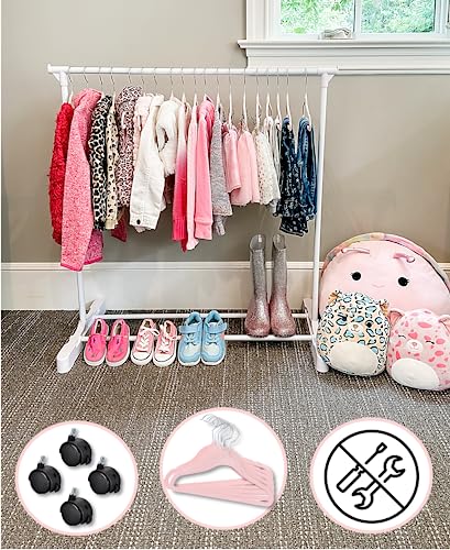 Childrens Garment Rack- Kids Closet Organizer- Kids Clothing Rack with 10 Hangers & Opt. Wheels (Includes 10 Pink Childrens Velvet Hangers)