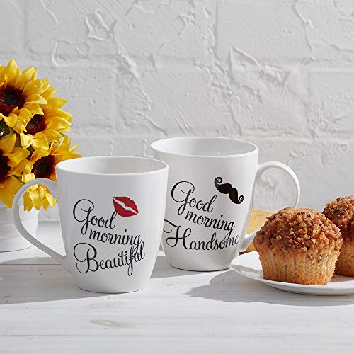 Pfaltzgraff Porcelain Good Morning His & Hers Mugs Set of 2,Beautiful/Handsome - 5147320, 18 ounce