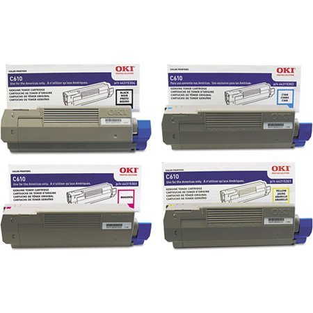 OKI Toner Set for C610 Series Printers. Full Set of 4 Genuine OKI Toner Cartridges. 44315301 Yellow, 44315302 Magenta, 44315303 Cyan, 44315304 Black. Type C15 - 6K Yield on colors, 8K Yield on Black