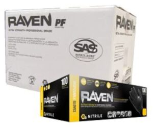 sas safety raven - black nitrile exam powder free gloves - 1 case, medium (66517)