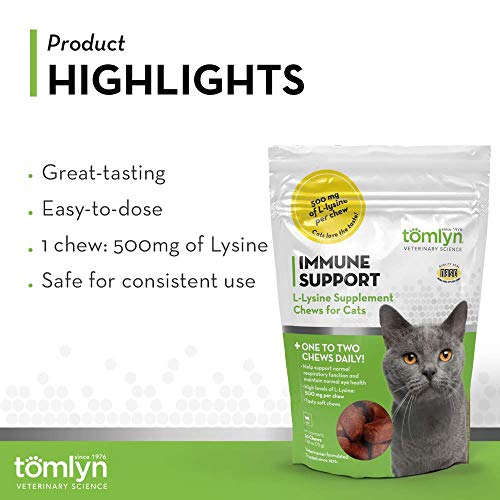 Tomlyn Immune Support Daily L-Lysine Supplement, Fish-Flavored Lysine Chews for Cats and Kittens, 30ct