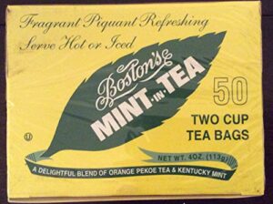 boston's mint-in-tea, 50 two cup tea bags (pack of 2 boxes), individually wrapped tea bags of a blend of orange pekoe tea and kentucky spearmint, delicious hot or iced, sweetened or unsweetened