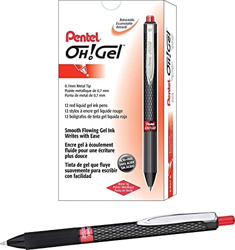 Pentel K497b Oh! Gel Retractable Roller Pen, 7Mm, Black Barrel, Red Ink, Dozen