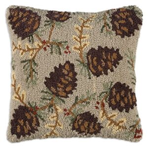 chandler 4 corners artist-designed northwoods cones hand-hooked wool decorative throw pillow (18” x 18”) lake & lodge pillow for couches & beds - easy care & low maintenance - square cabin pillow