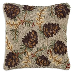 Chandler 4 Corners Artist-Designed Northwoods Cones Hand-Hooked Wool Decorative Throw Pillow (18” x 18”) Lake & Lodge Pillow for Couches & Beds - Easy Care & Low Maintenance - Square Cabin Pillow