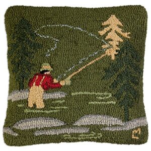 chandler 4 corners artist-designed fly fisherman hand-hooked wool decorative throw pillow (18” x 18”) lake & lodge pillow for couches & beds - easy care & low maintenance - fishing pillow for cabins