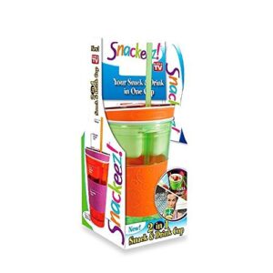 snackeez travel cup snack drink in one container 16oz (green/orange)