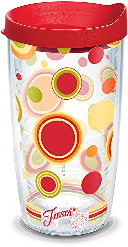 Tervis Made in USA Double Walled Fiesta Insulated Tumbler Cup Keeps Drinks Cold & Hot, 16oz - Red Lid, Sunny Dots